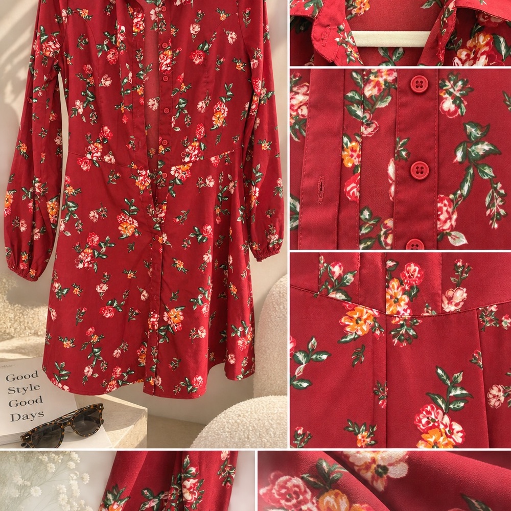 Red Floral Button-Front Long Sleeve Dress